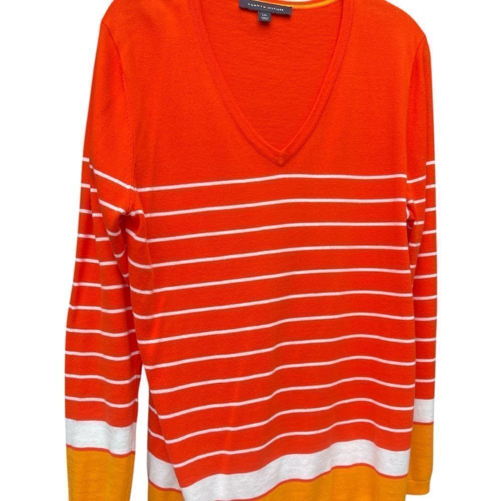 Tommy Hilfiger Vibrant Red/orange white stripe long sleeve V-Neck net sweater